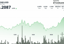 DOGE Advances 5% on Late-Session Rally as Volume Hits 615M