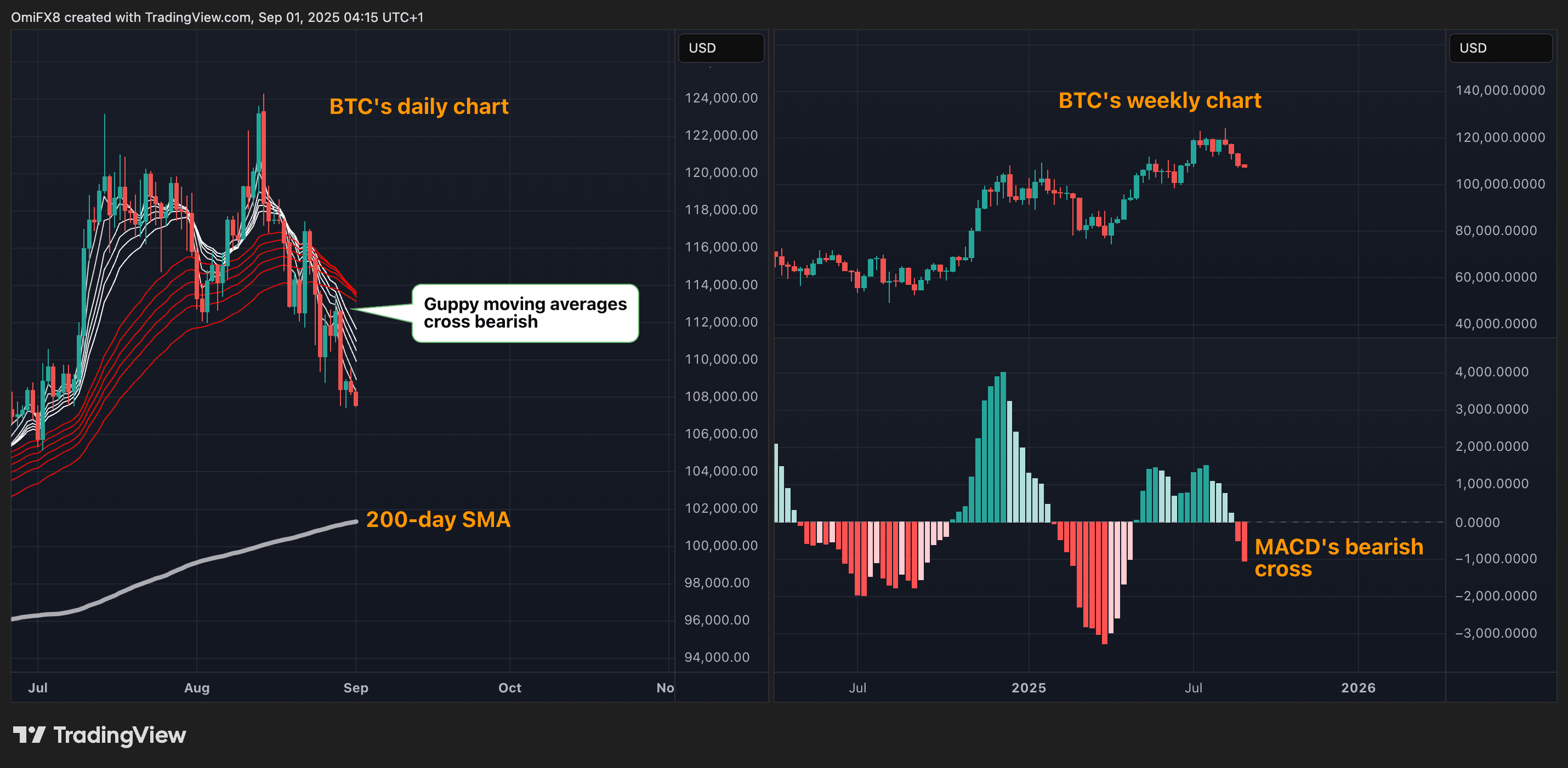 BTC's daily and weekly charts. (TradingView/CoinDesk)