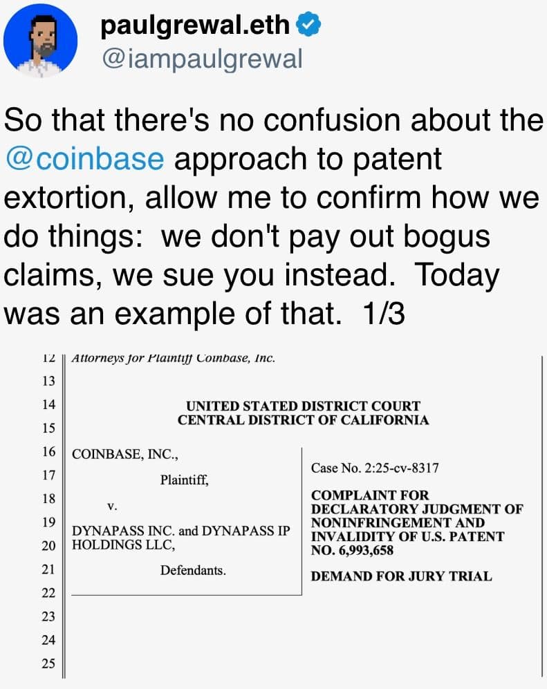 So that there's no confusion about the @coinbase approach to patent extortion, allow me to confirm how we do things